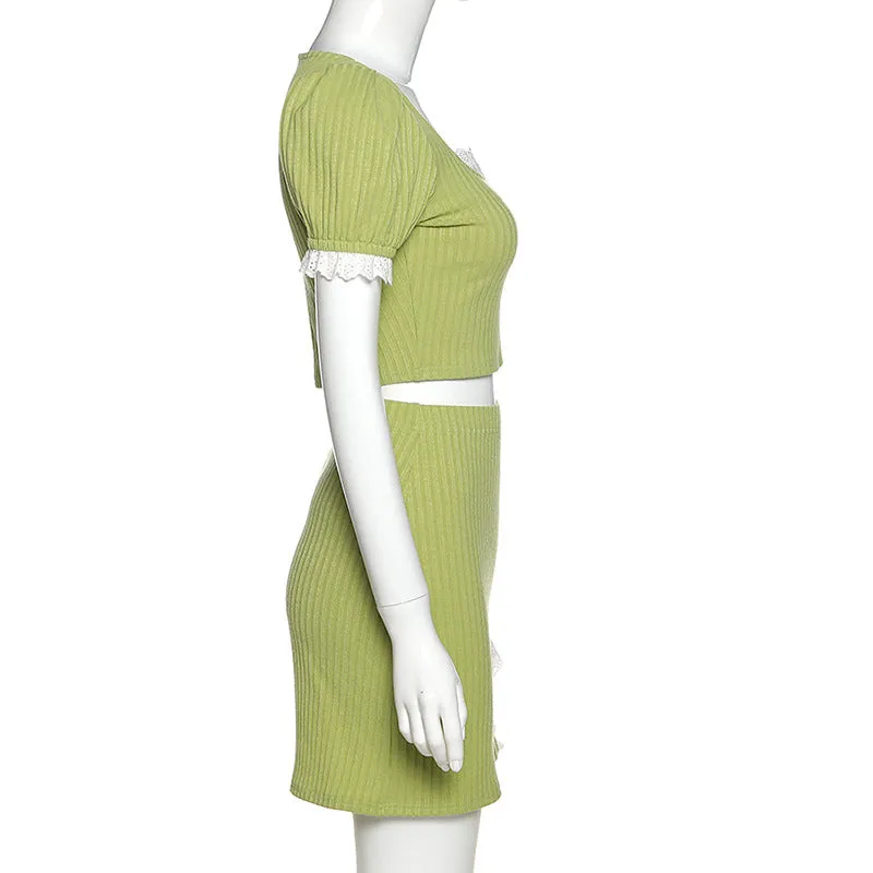 20201 summer lace trim knitwear top and skirt set knitting ruffle crop top asymmetric bottom