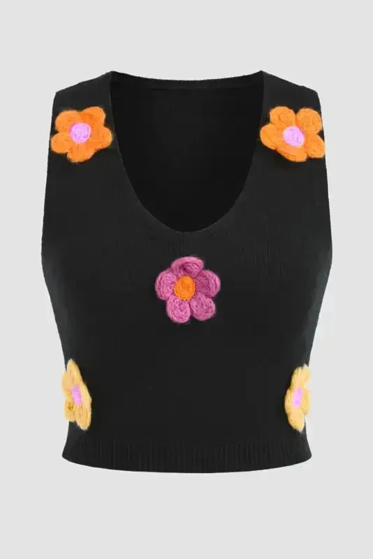 3D Flower Decor Knit Tank Top - Black