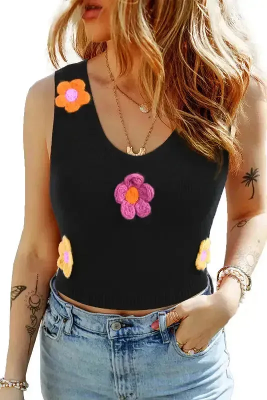 3D Flower Decor Knit Tank Top - Black