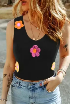 3D Flower Decor Knit Tank Top - Black