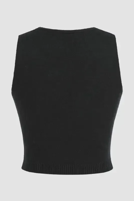 3D Flower Decor Knit Tank Top - Black
