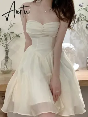Aiertu Fairy Dress Summer Spaghetti Strap Dress Pleated Backless Corset Dress High Waist Slim Short A-Line Dress Gauze Women's Spring Clothing
