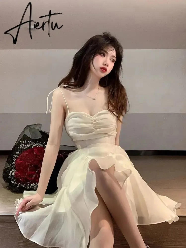 Aiertu Fairy Dress Summer Spaghetti Strap Dress Pleated Backless Corset Dress High Waist Slim Short A-Line Dress Gauze Women's Spring Clothing