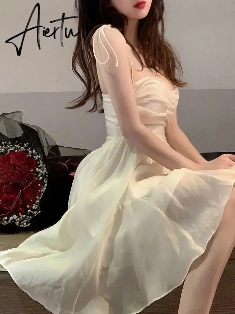 Aiertu Fairy Dress Summer Spaghetti Strap Dress Pleated Backless Corset Dress High Waist Slim Short A-Line Dress Gauze Women's Spring Clothing