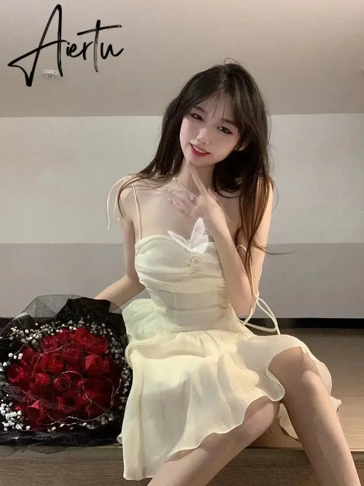 Aiertu Fairy Dress Summer Spaghetti Strap Dress Pleated Backless Corset Dress High Waist Slim Short A-Line Dress Gauze Women's Spring Clothing
