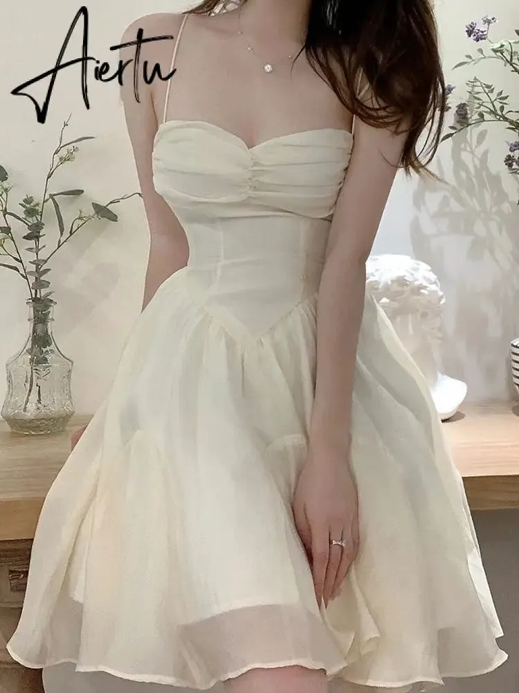 Aiertu Fairy Dress Summer Spaghetti Strap Dress Pleated Backless Corset Dress High Waist Slim Short A-Line Dress Gauze Women's Spring Clothing