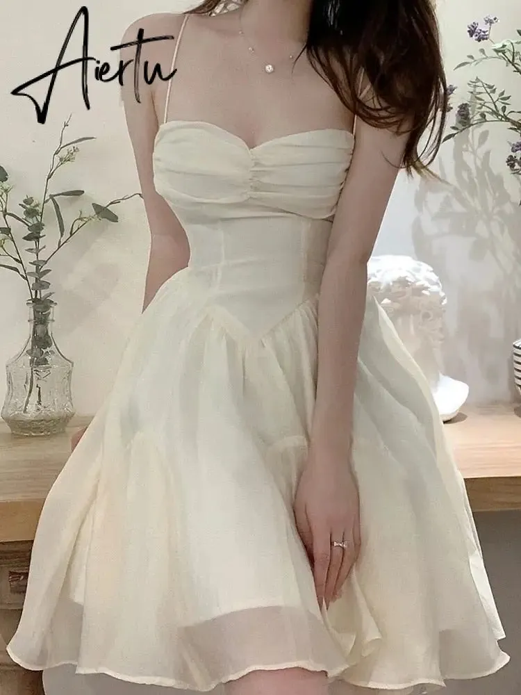 Aiertu Fairy Dress Summer Spaghetti Strap Dress Pleated Backless Corset Dress High Waist Slim Short A-Line Dress Gauze Women's Spring Clothing
