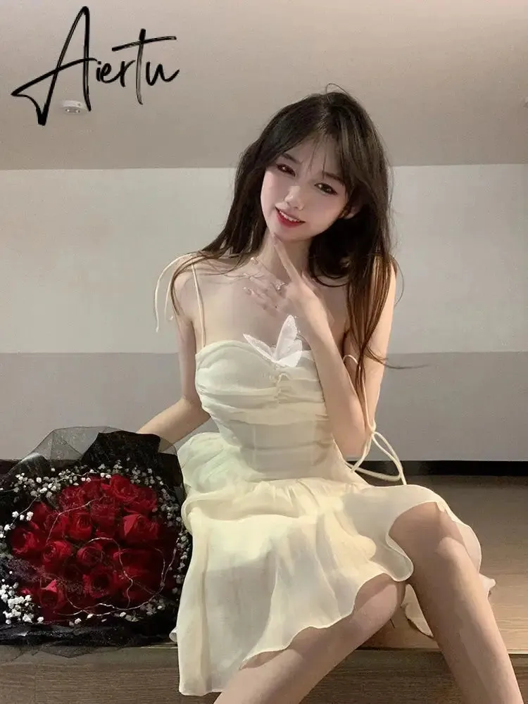 Aiertu Fairy Dress Summer Spaghetti Strap Dress Pleated Backless Corset Dress High Waist Slim Short A-Line Dress Gauze Women's Spring Clothing