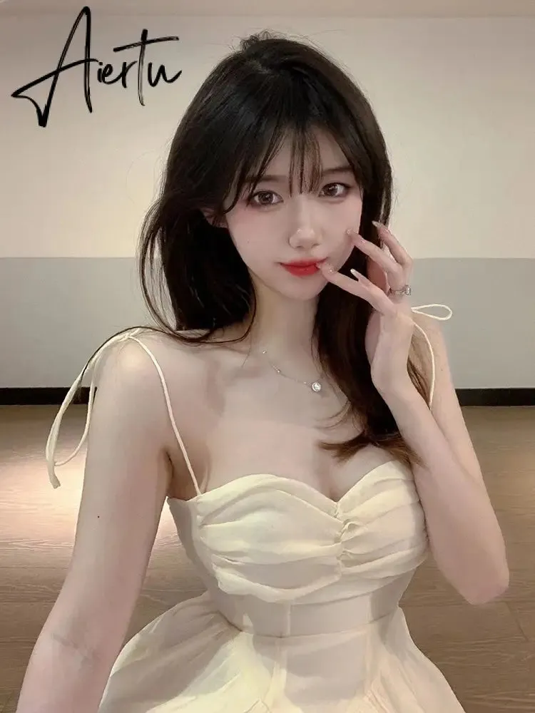 Aiertu Fairy Dress Summer Spaghetti Strap Dress Pleated Backless Corset Dress High Waist Slim Short A-Line Dress Gauze Women's Spring Clothing