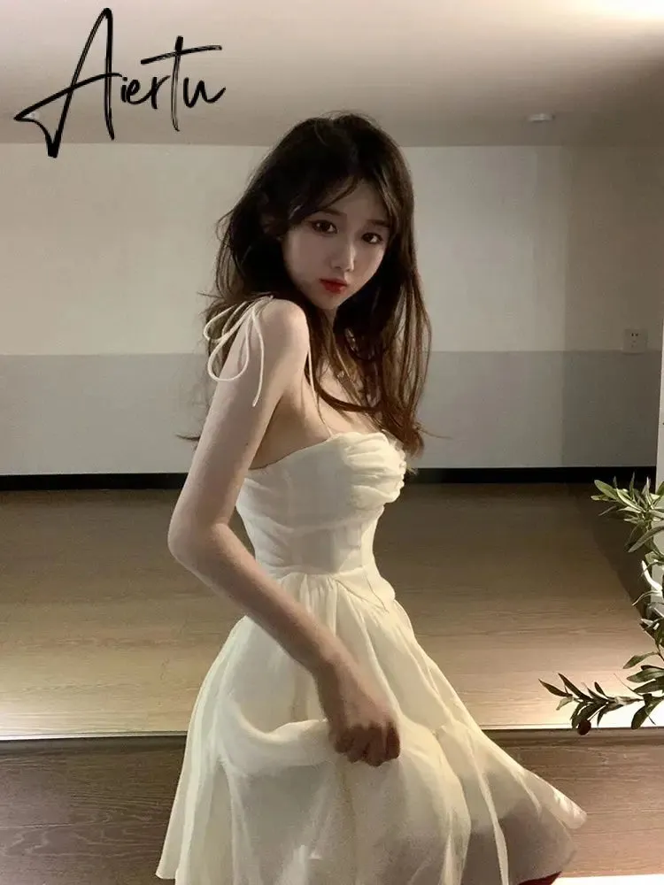 Aiertu Fairy Dress Summer Spaghetti Strap Dress Pleated Backless Corset Dress High Waist Slim Short A-Line Dress Gauze Women's Spring Clothing