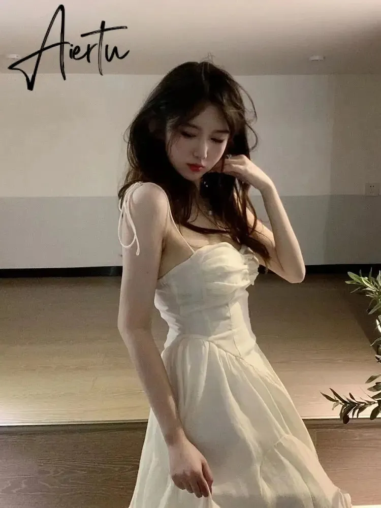 Aiertu Fairy Dress Summer Spaghetti Strap Dress Pleated Backless Corset Dress High Waist Slim Short A-Line Dress Gauze Women's Spring Clothing