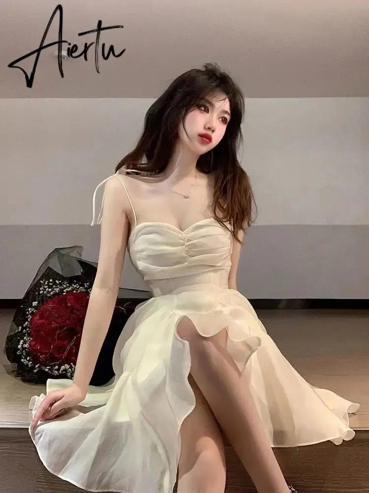 Aiertu Fairy Dress Summer Spaghetti Strap Dress Pleated Backless Corset Dress High Waist Slim Short A-Line Dress Gauze Women's Spring Clothing