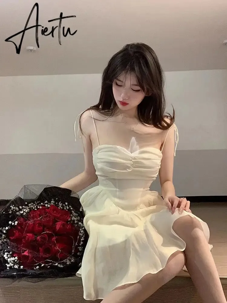 Aiertu Fairy Dress Summer Spaghetti Strap Dress Pleated Backless Corset Dress High Waist Slim Short A-Line Dress Gauze Women's Spring Clothing