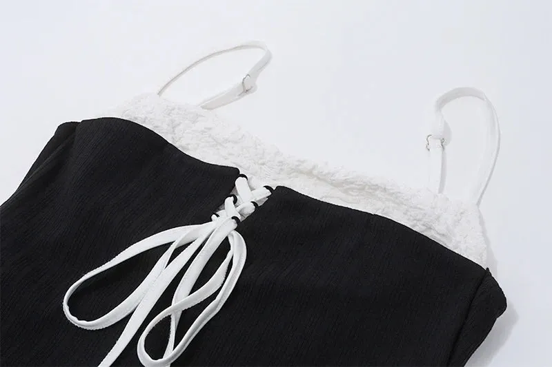 Aiertu Sexy Cross Bandage Patchwork Mini Dress Y2K Streetwear Spaghetti Straps Low-cut Dresses Summer Casual Party Vestidos