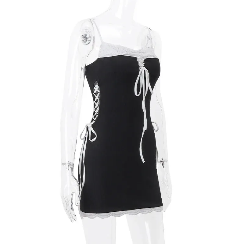 Aiertu Sexy Cross Bandage Patchwork Mini Dress Y2K Streetwear Spaghetti Straps Low-cut Dresses Summer Casual Party Vestidos