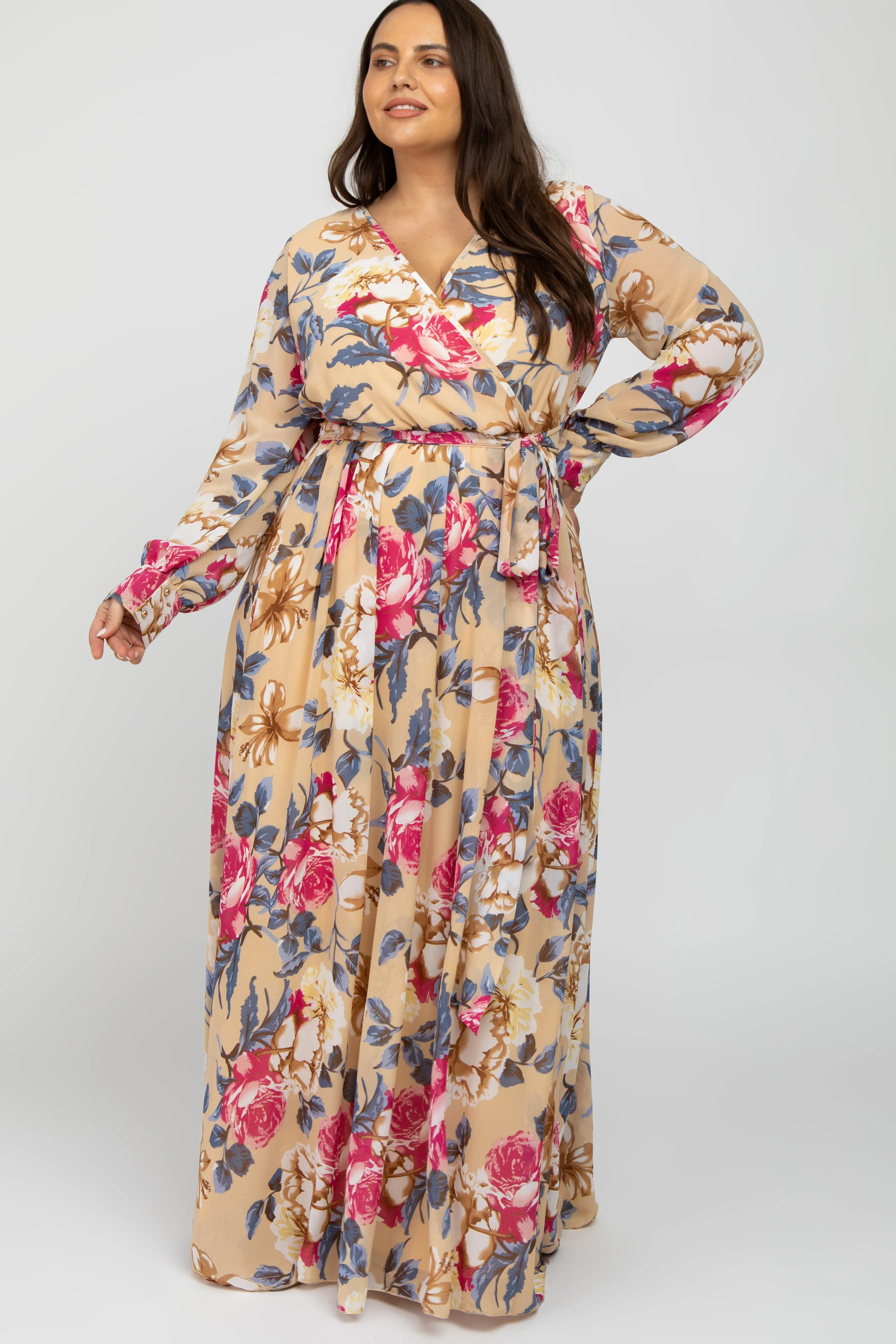 Beige Floral Chiffon Plus Maxi Dress
