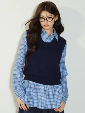 Black Friday Sonicelife Dark Blue Sweater Vest Women Sleeveless Cropped Knitted Jumpers Preppy Style Autumn Winter Crochet Flower Clothes Chic
