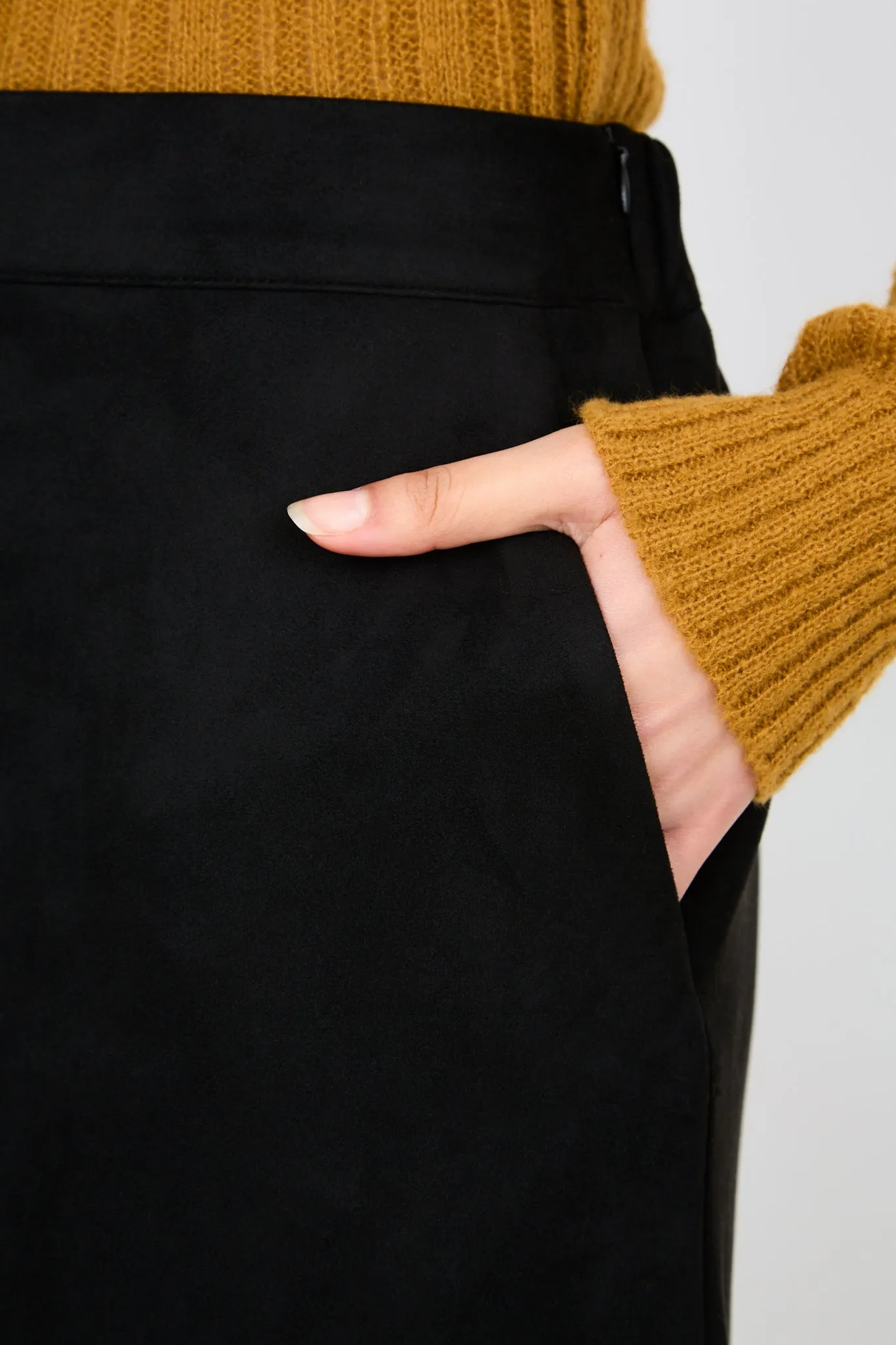 Black vegan suede side pocket straight fit skirt