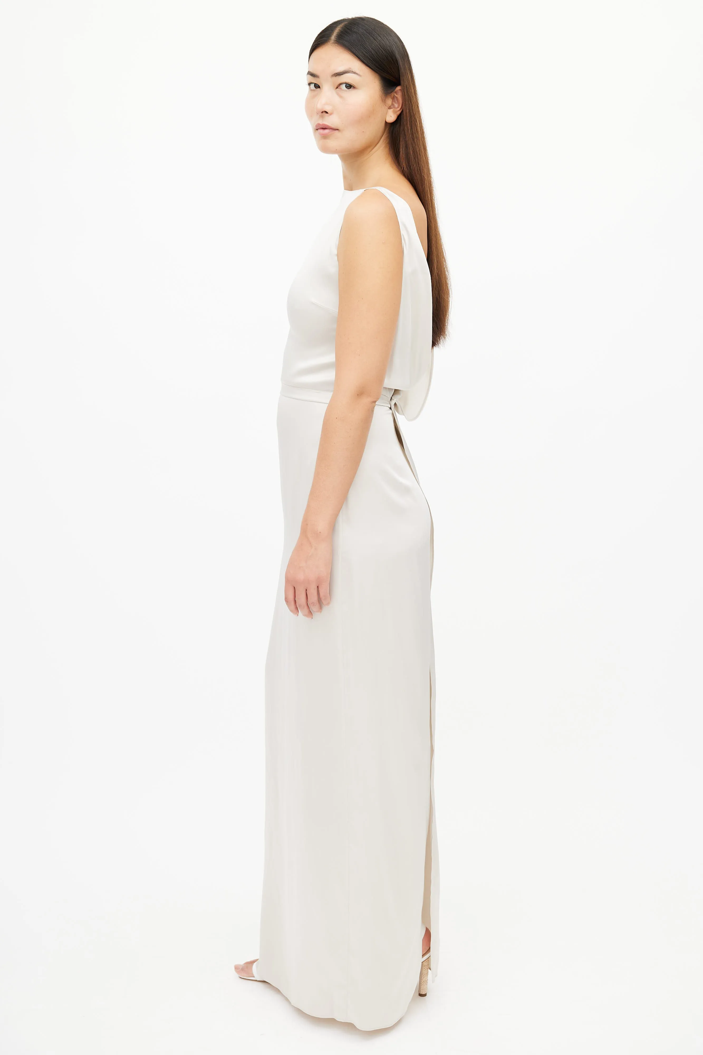 Cream Satin Low Back Maxi Dress