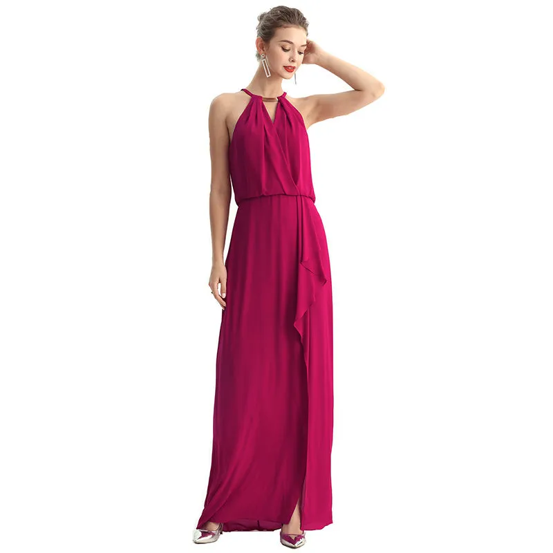 D197 Women solid heavy georgette halter neck maxi evening dress