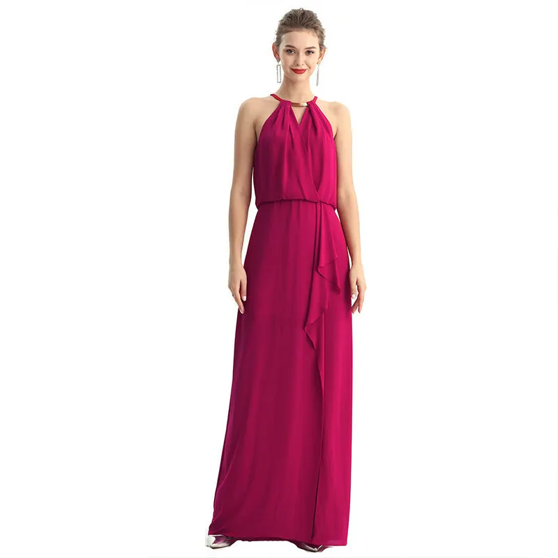 D197 Women solid heavy georgette halter neck maxi evening dress
