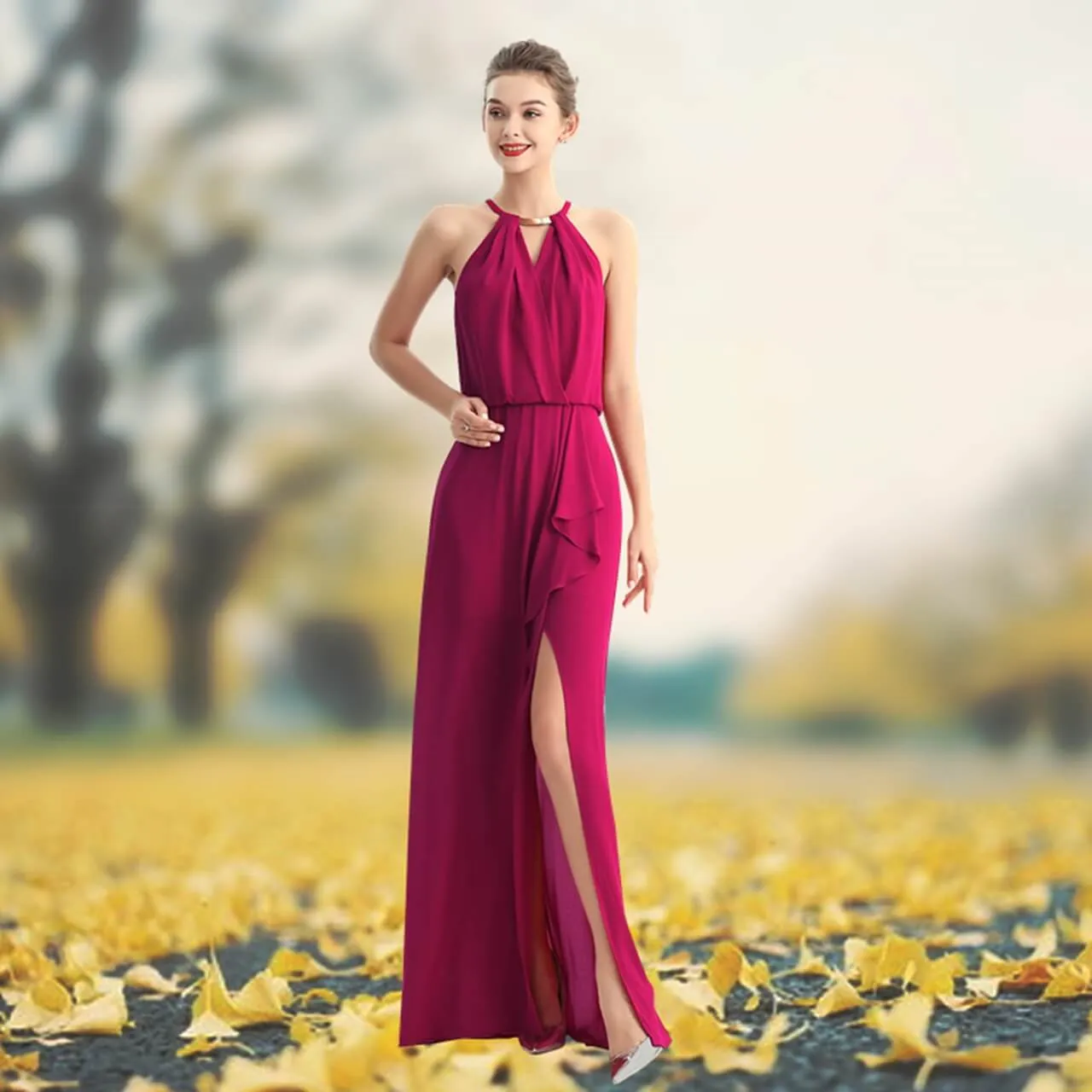 D197 Women solid heavy georgette halter neck maxi evening dress