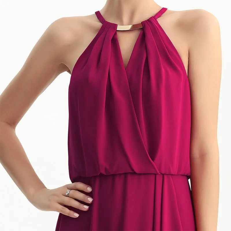 D197 Women solid heavy georgette halter neck maxi evening dress