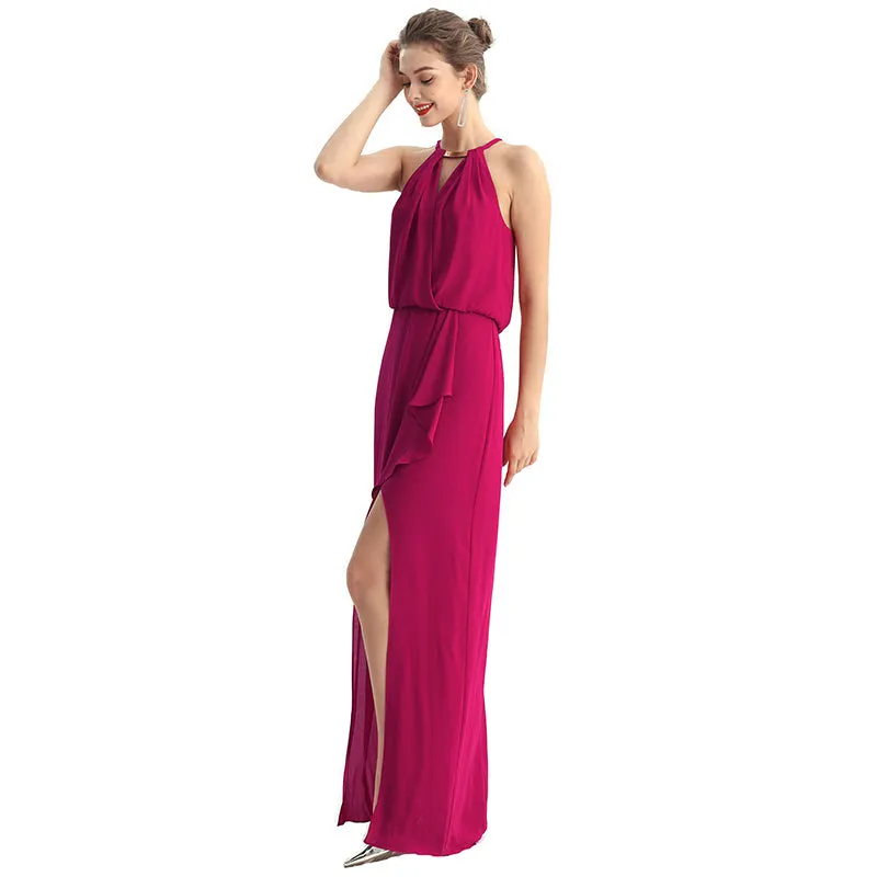 D197 Women solid heavy georgette halter neck maxi evening dress
