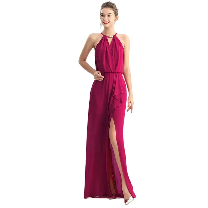 D197 Women solid heavy georgette halter neck maxi evening dress