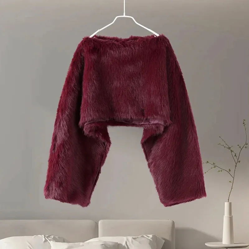 Elegant Faux fur Crop Top long sleeve fluffy faux fur top
