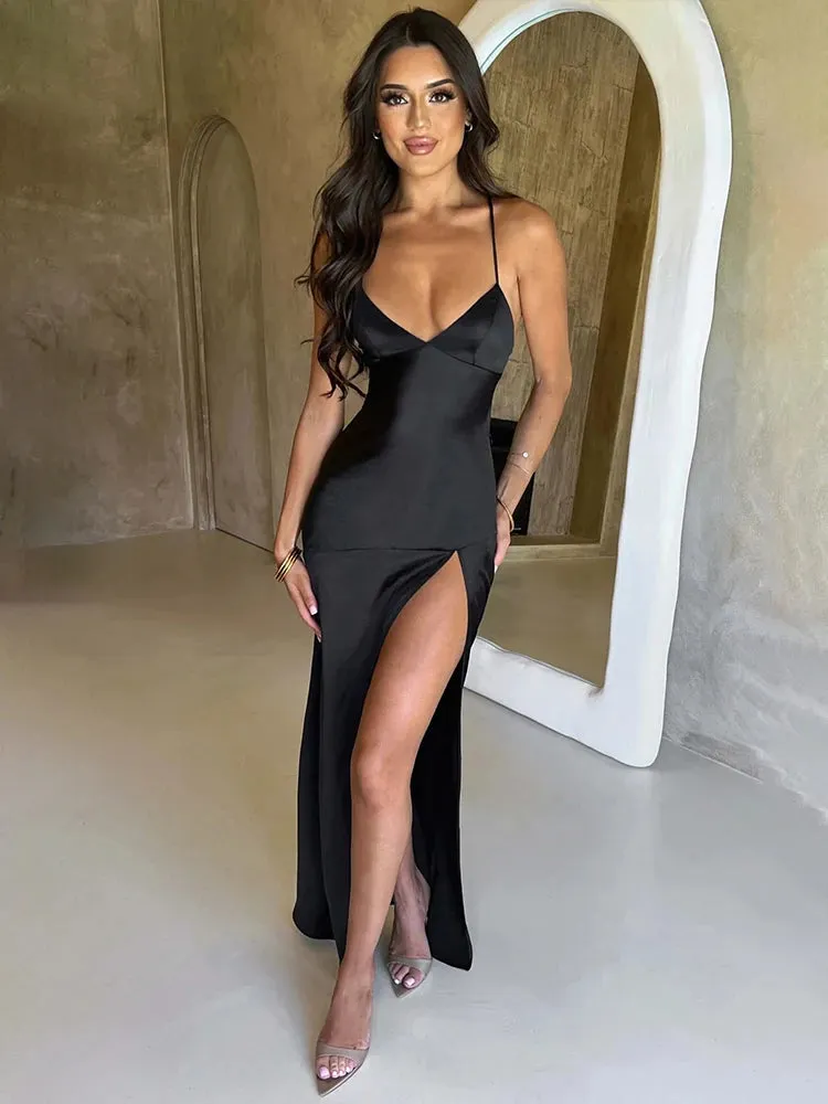 Elegant Maxi Long Slim Bodycon Dress Women Spaghetti Strap Sping Summer Dress Split Nightclub Sexy Party Dresses