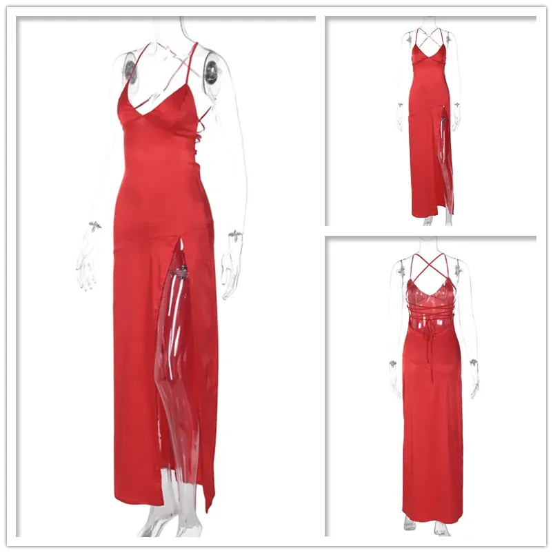 Elegant Maxi Long Slim Bodycon Dress Women Spaghetti Strap Sping Summer Dress Split Nightclub Sexy Party Dresses