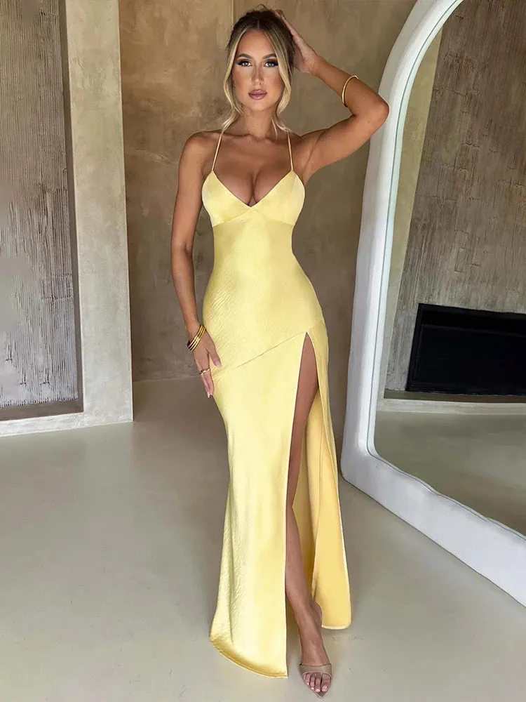 Elegant Maxi Long Slim Bodycon Dress Women Spaghetti Strap Sping Summer Dress Split Nightclub Sexy Party Dresses
