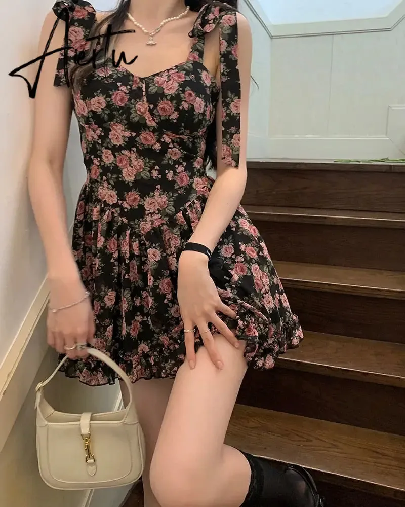 Floral Spaghetti Strap Dress Women's  Summer French Short Dress A-LineBow Tie High Waist Sweet Sexy Beach Dress Sundress