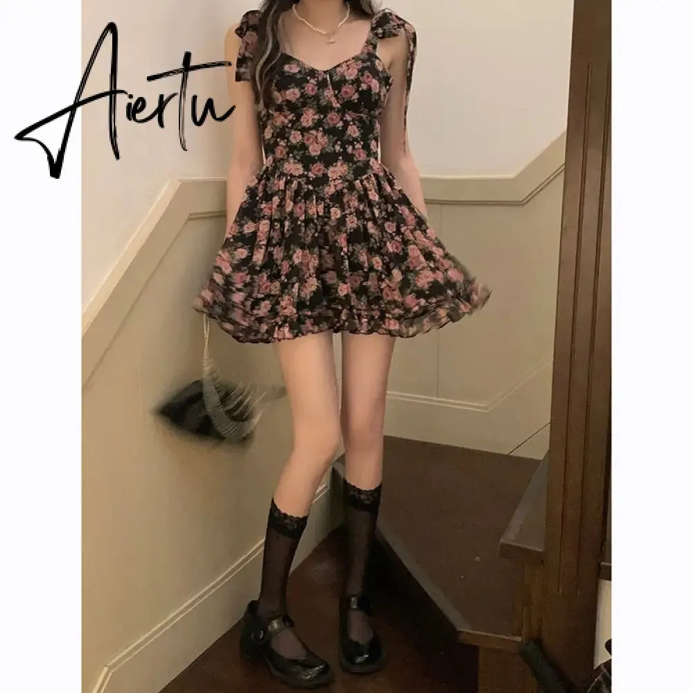 Floral Spaghetti Strap Dress Women's  Summer French Short Dress A-LineBow Tie High Waist Sweet Sexy Beach Dress Sundress