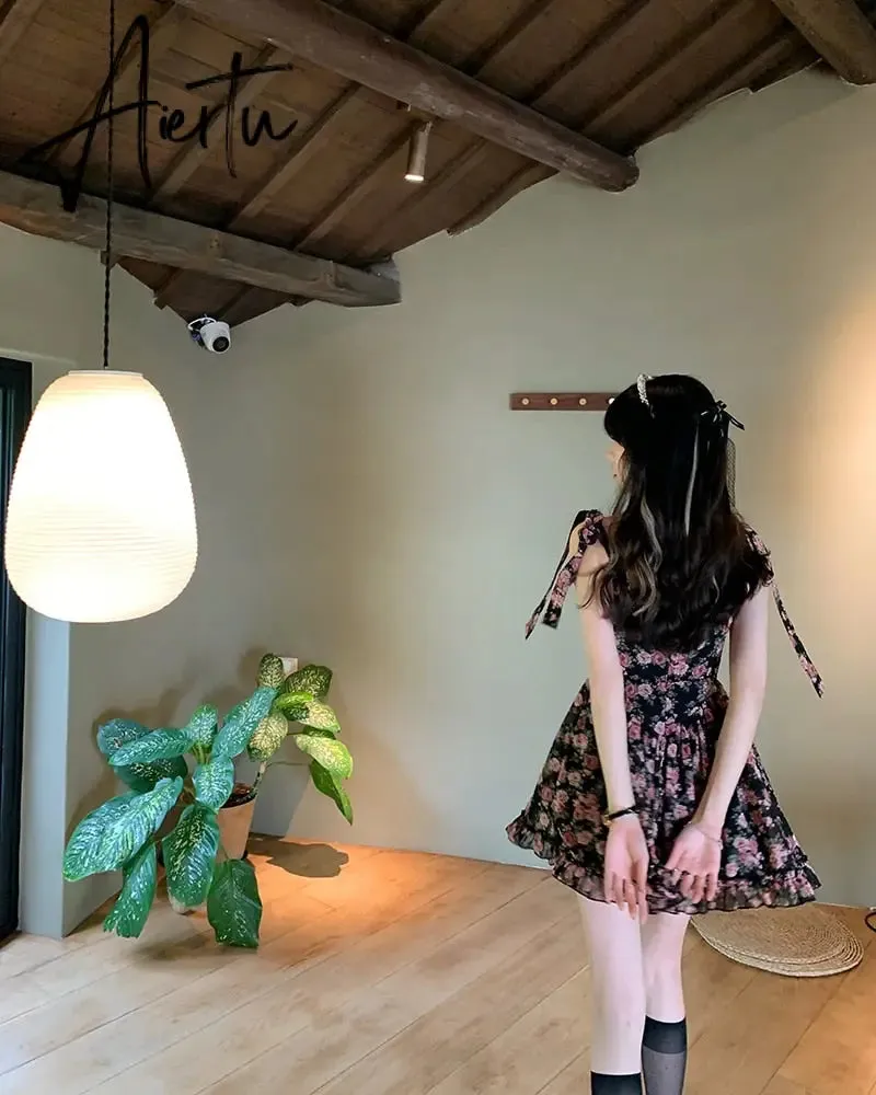 Floral Spaghetti Strap Dress Women's  Summer French Short Dress A-LineBow Tie High Waist Sweet Sexy Beach Dress Sundress