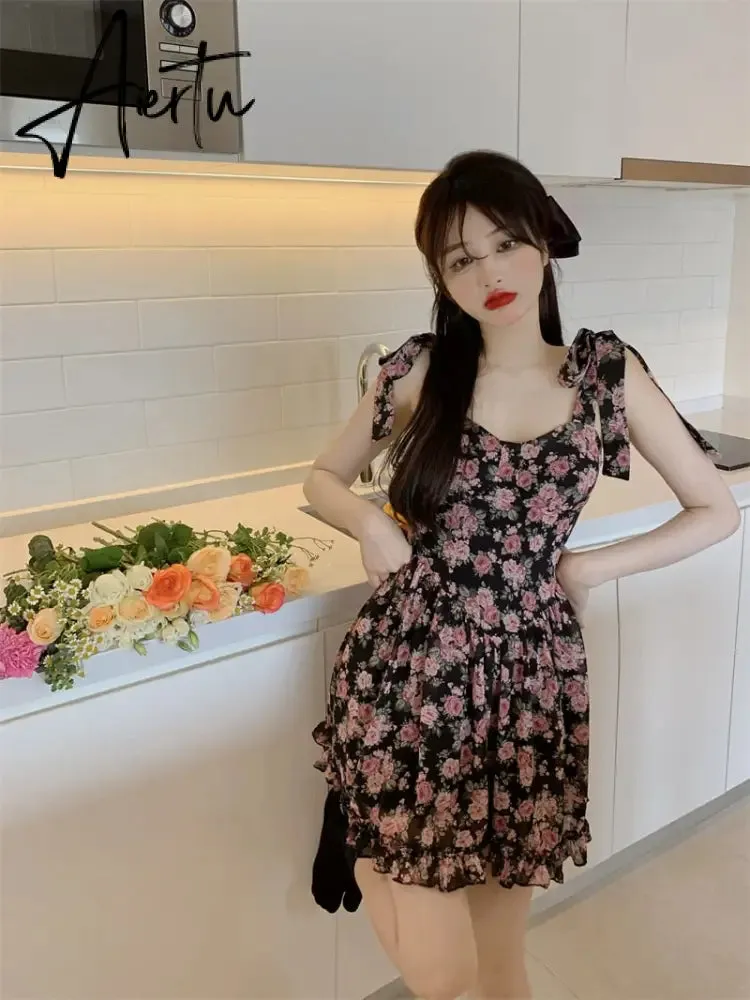 Floral Spaghetti Strap Dress Women's  Summer French Short Dress A-LineBow Tie High Waist Sweet Sexy Beach Dress Sundress