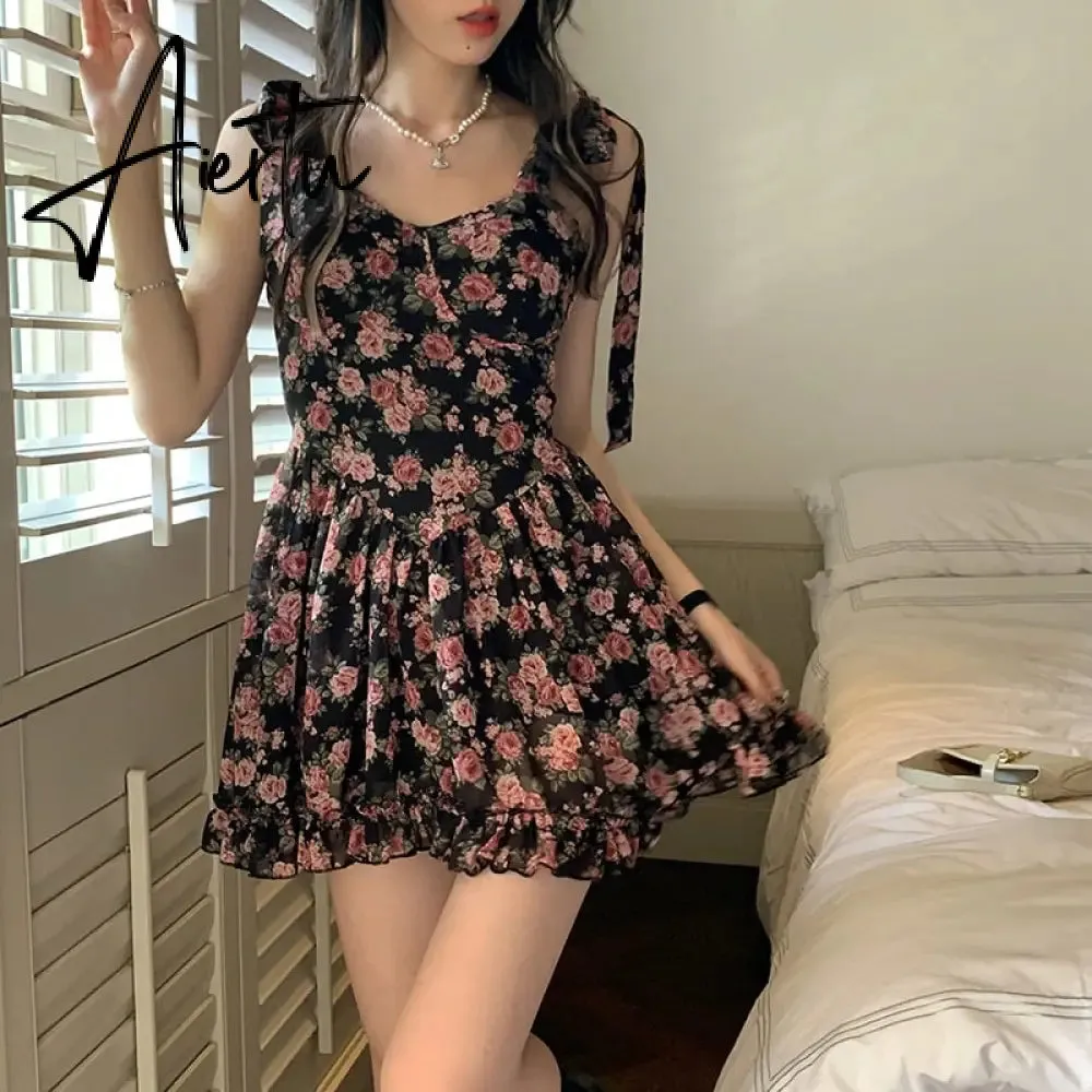 Floral Spaghetti Strap Dress Women's  Summer French Short Dress A-LineBow Tie High Waist Sweet Sexy Beach Dress Sundress