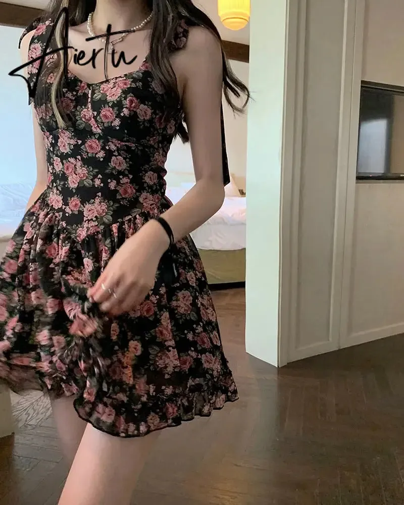 Floral Spaghetti Strap Dress Women's  Summer French Short Dress A-LineBow Tie High Waist Sweet Sexy Beach Dress Sundress