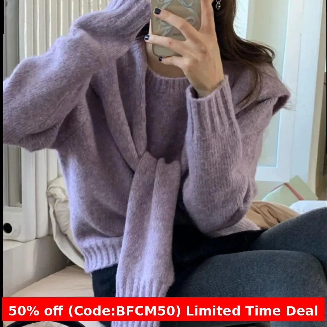 Flytonnshop business casual outfits Autumn and Winter Loose Korean Chic Retro Simple round Neck Women's Knitted Pullover Sweater   Shawl Two-Piece Set