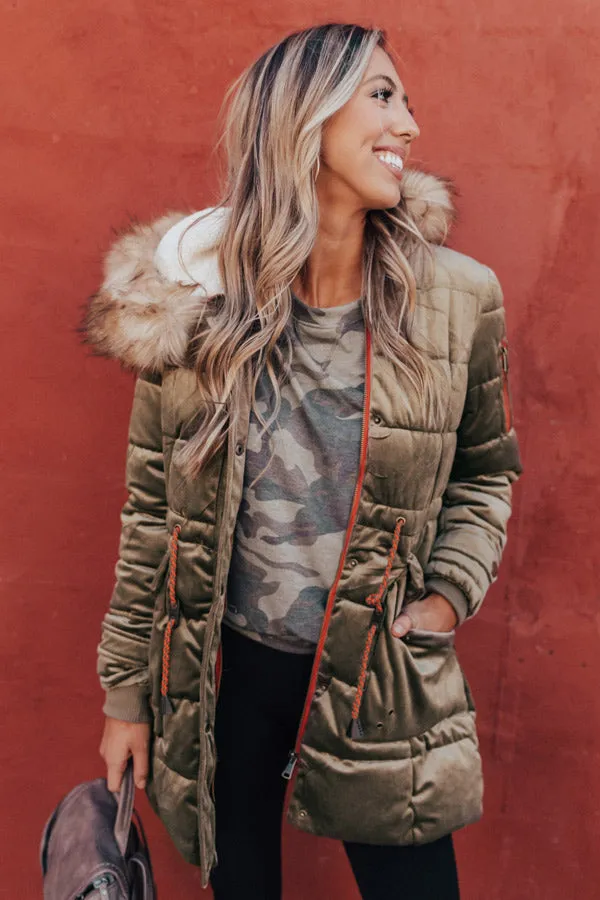 Fresh Snowfall Faux Fur Lined Coat In Olive