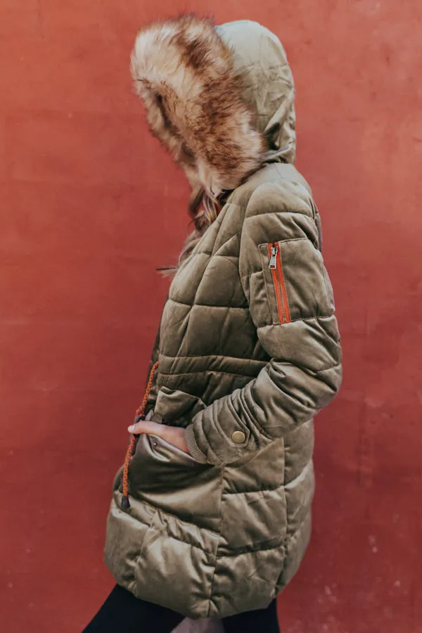 Fresh Snowfall Faux Fur Lined Coat In Olive