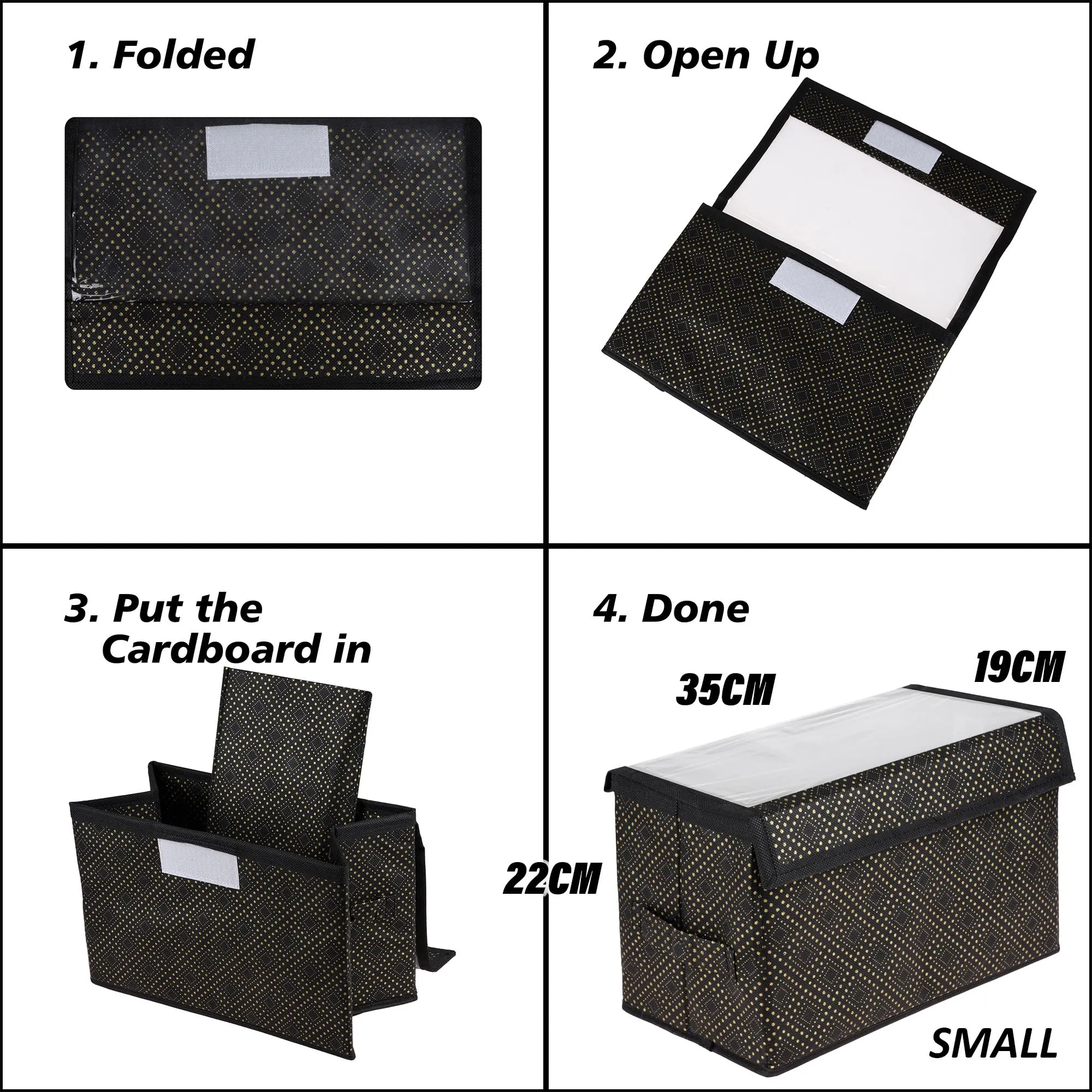 Heart Home Drawer Storage Box|Clothes Drawer Organizer with Handle|Transparent Lid with Velcro|Wardrobe Organizer for Books|Golden-Dot Dhakkan Storage Box|Small|Black