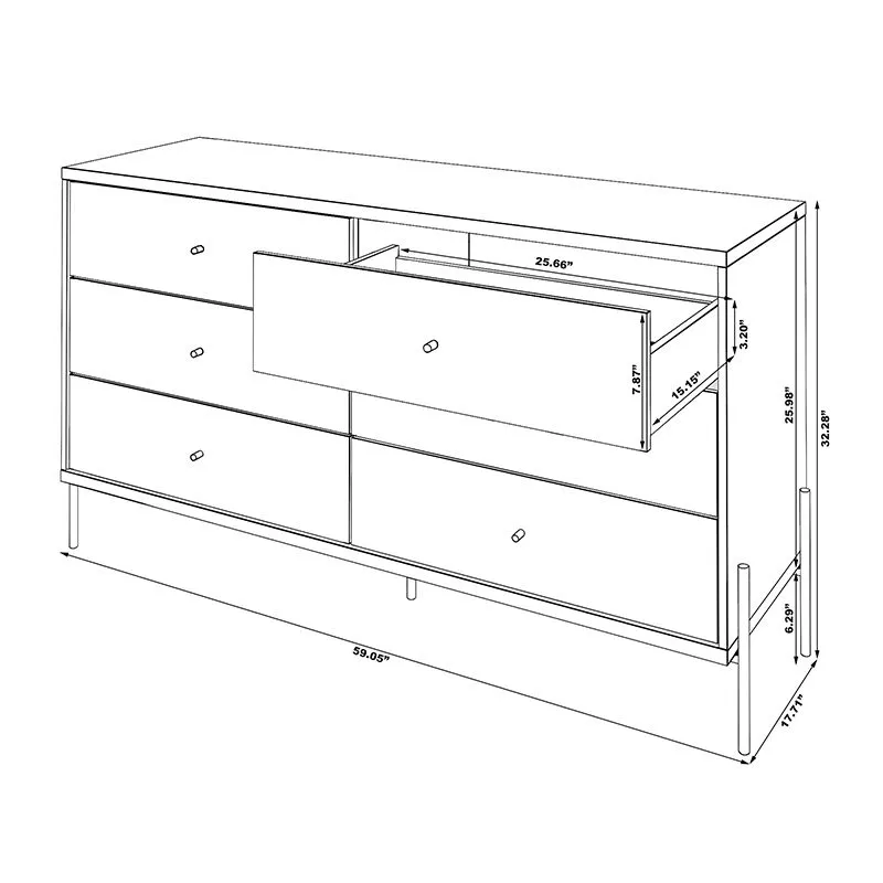 Joy 59" Wide Double Dresser with 6 Full Extension Drawers in Off White
