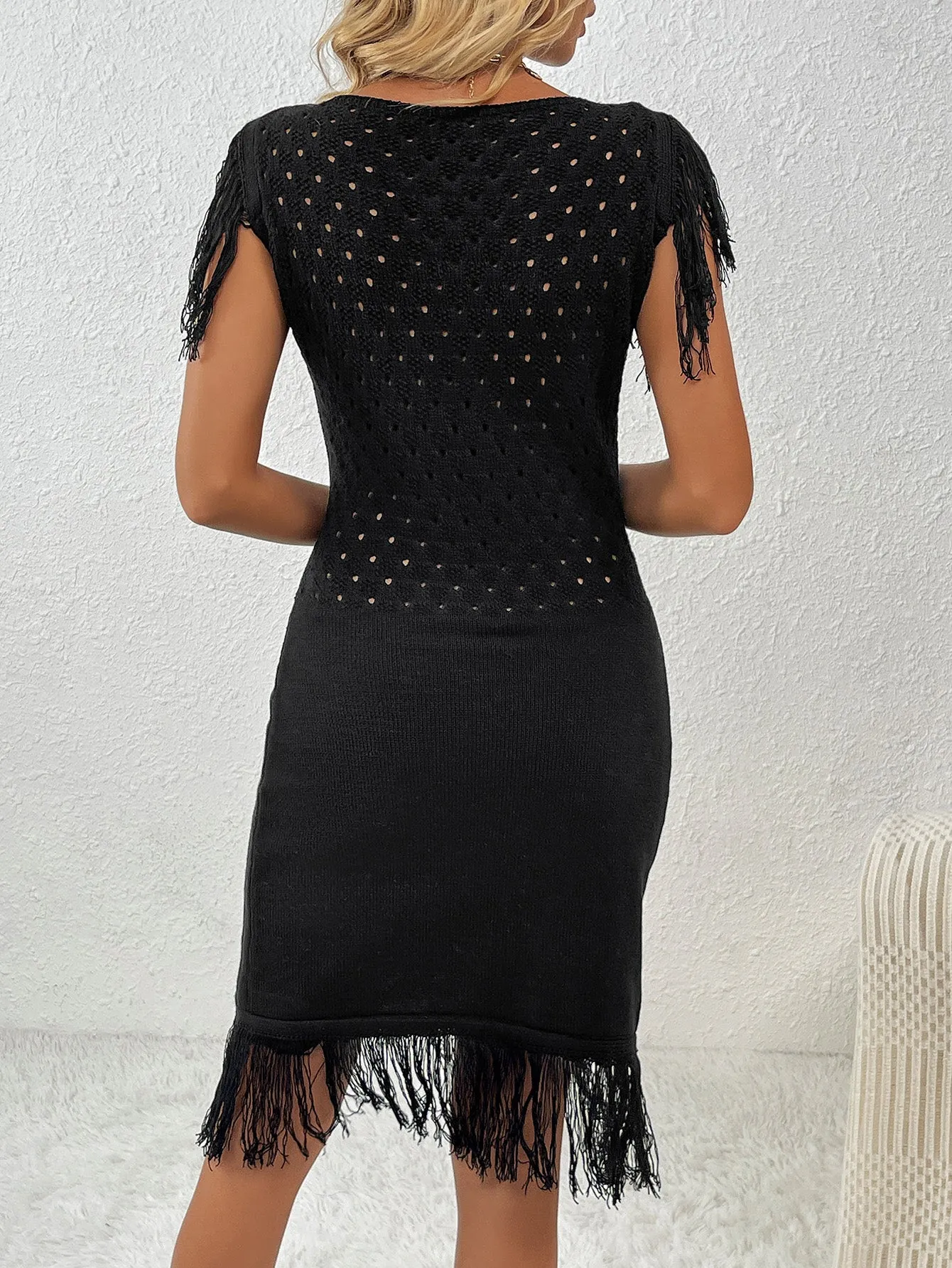 Knit Long Dress Fringe Solid Color Knitwear