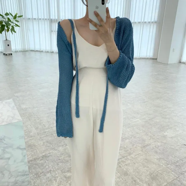 [Korean Style] Crochet Cardigan Cami Top Cinched Waist Slit Trouser 3 pc Set