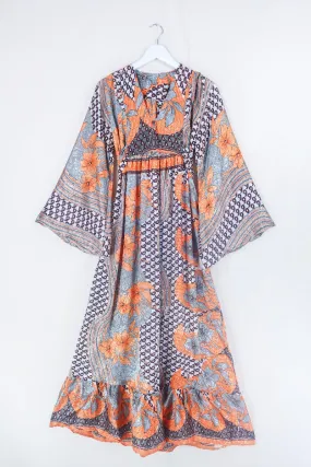 Lunar Maxi Dress - Vintage Sari - Mist & Coral Abstract Print - Size S