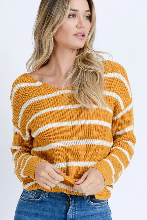 Mustard Striped Open Back Sweater