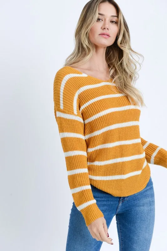 Mustard Striped Open Back Sweater