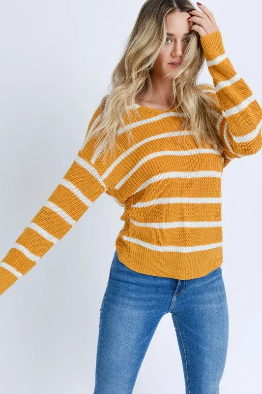 Mustard Striped Open Back Sweater
